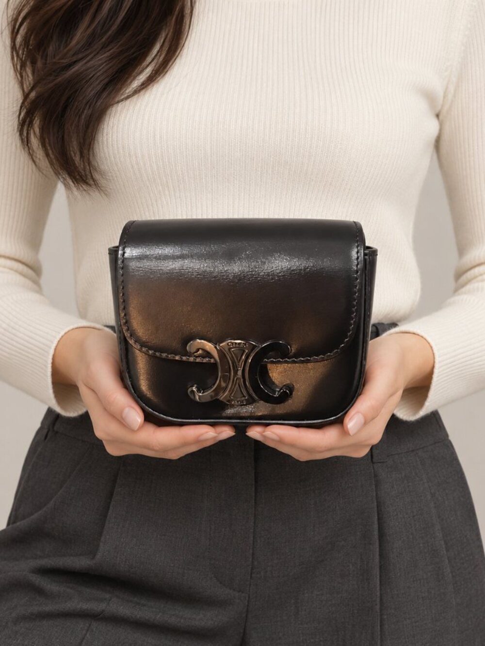 Celine Black Leather Triomphe Mini Crossbody Wallet
